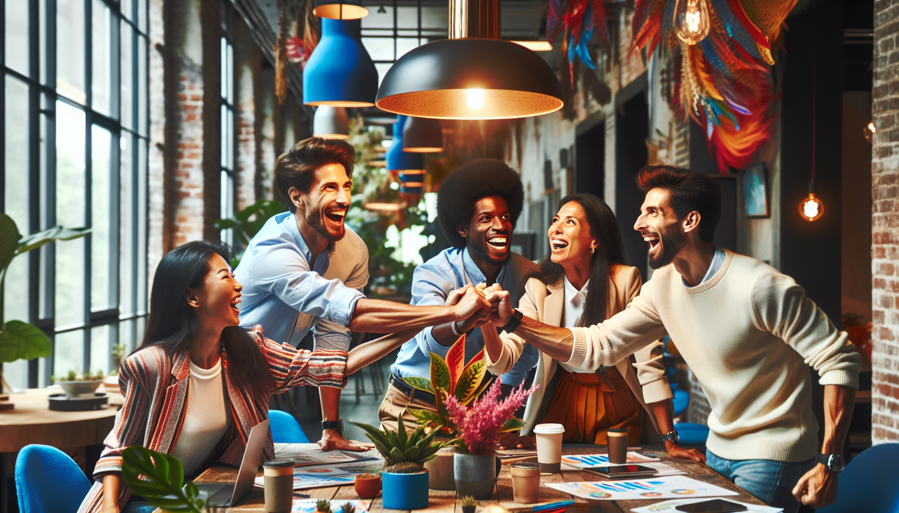 Diverse group of employees collaborating in a vibrant office environment