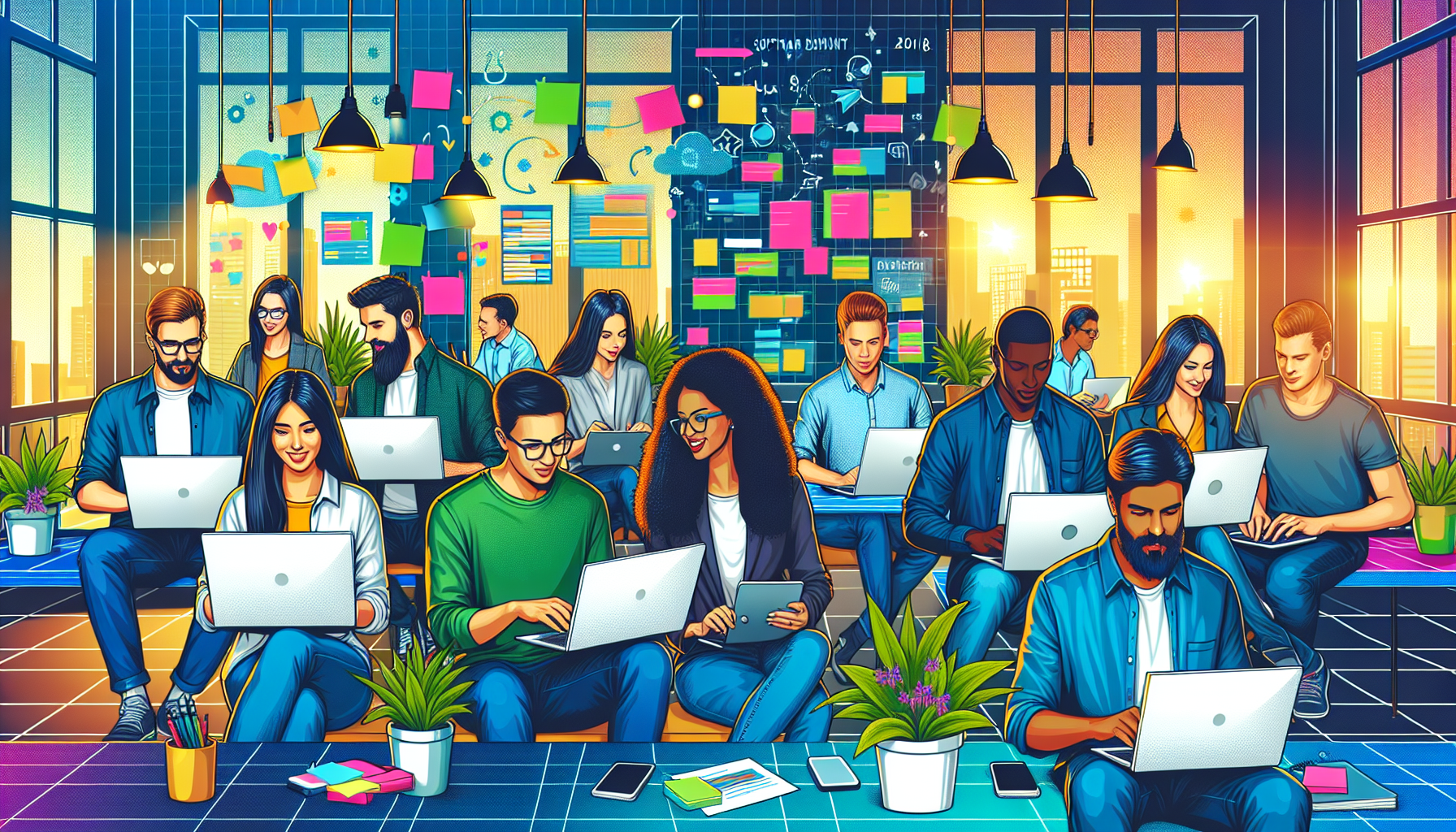 An illustration depicting a nearshore software development company with a team of diverse software developers collaborating.