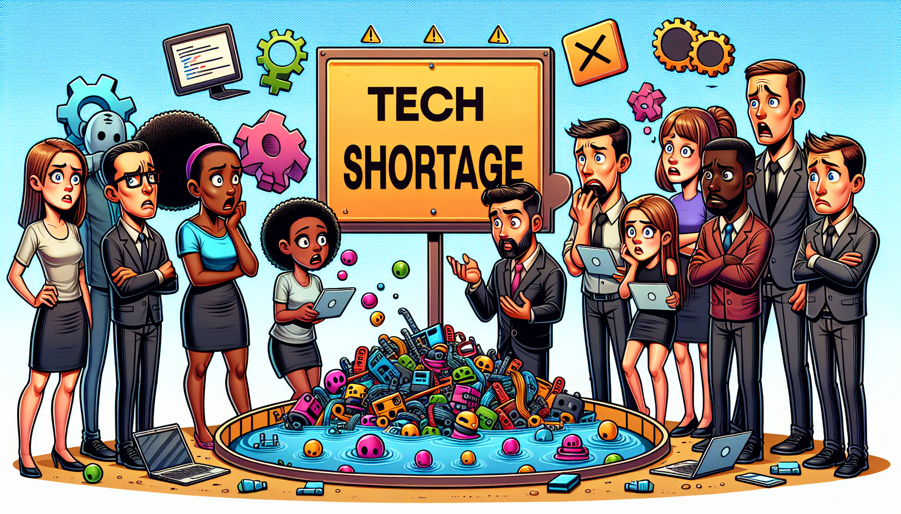 An illustration depicting the tech talent shortage, highlighting software engineers and technical skills.