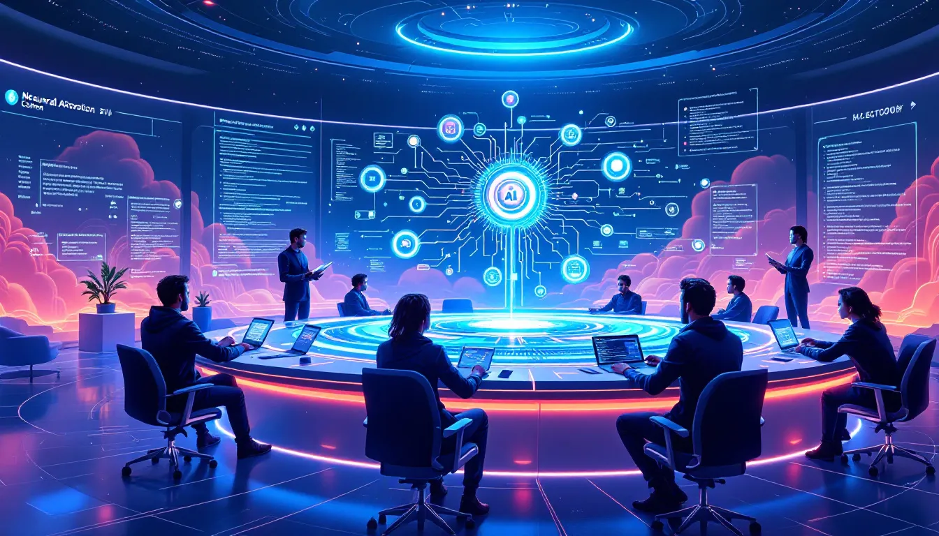 An illustration representing AI Native Development, showcasing software developers working with artificial intelligence tools.